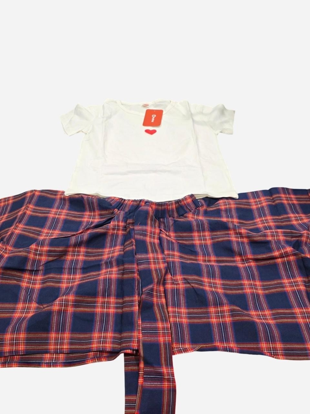 PatPat White Top with Navy and Red Plaid Skirt Matching Set